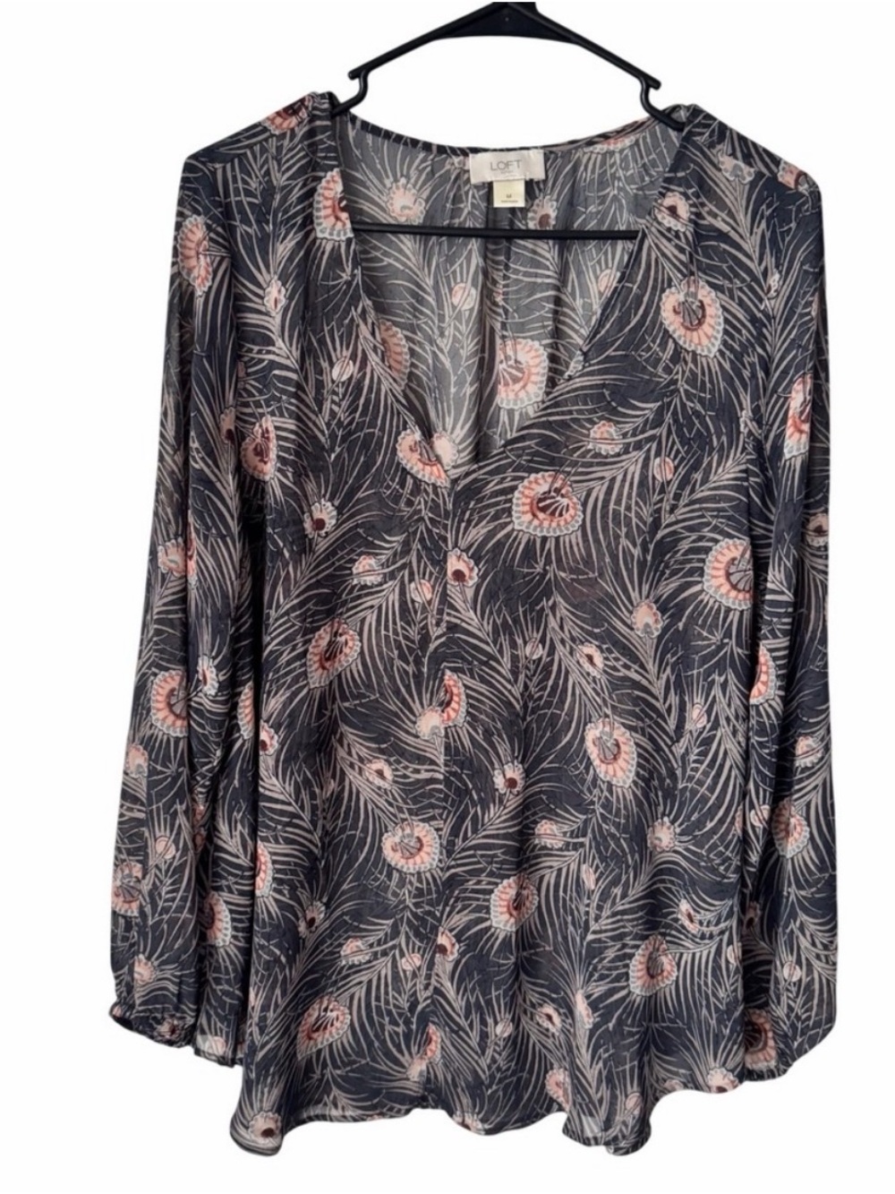 LOFT Outlet Womens Peacock Feather Floral Print V-Neck Long Sleeve Blouse Grey M